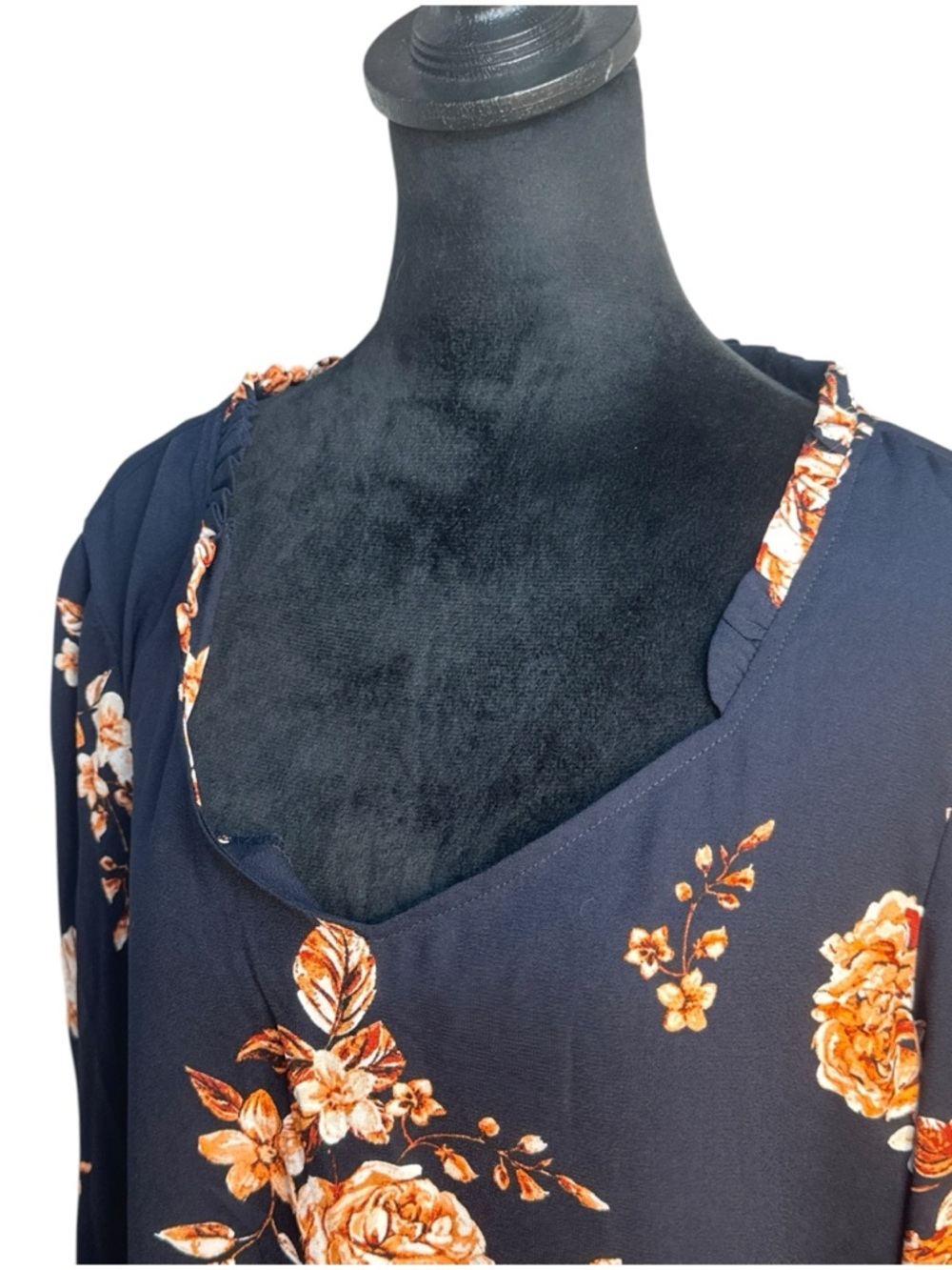 Maurices Blue Floral Peasant Top XXL Cinched Waist Ruffle Neck Boho Blouse - Picture 8 of 12